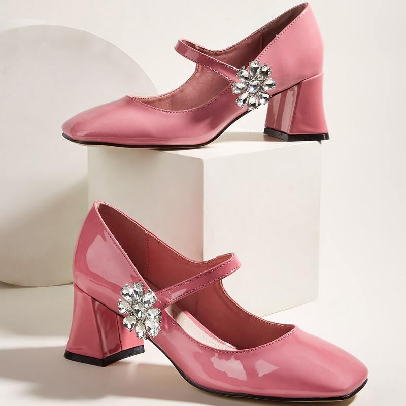 

Rhinestone Decor Square Toe Court Pumps, Pink