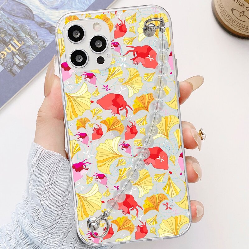 

Leaf Print Phone Case With Beaded Hand Strap, Multicolor