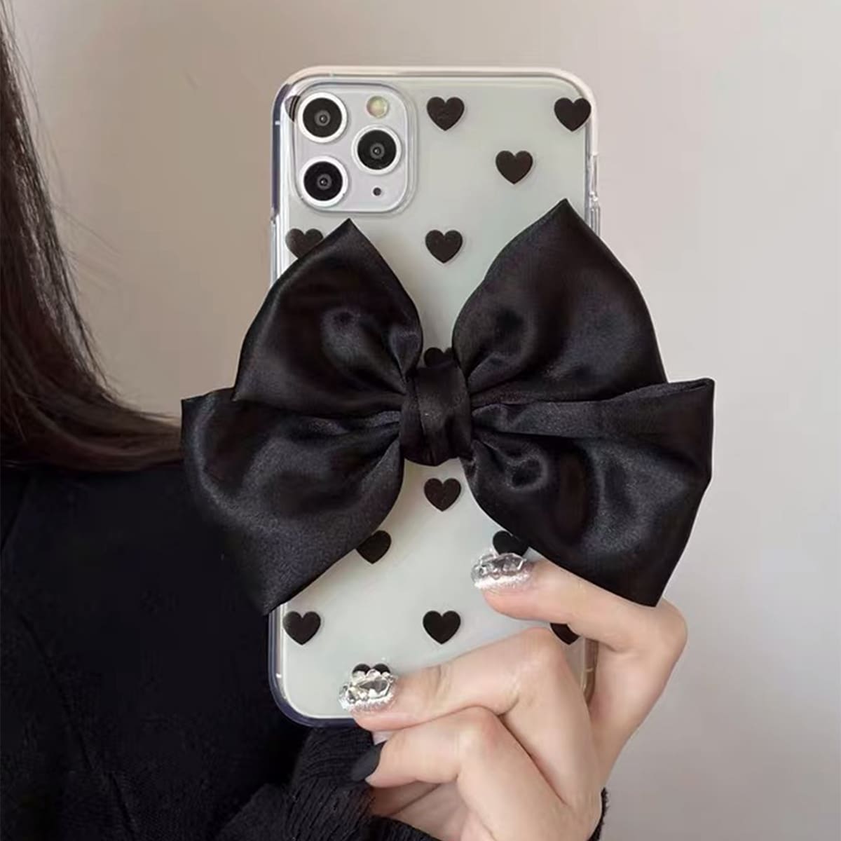 

Heart Print Bow Decor Phone Case, Multicolor