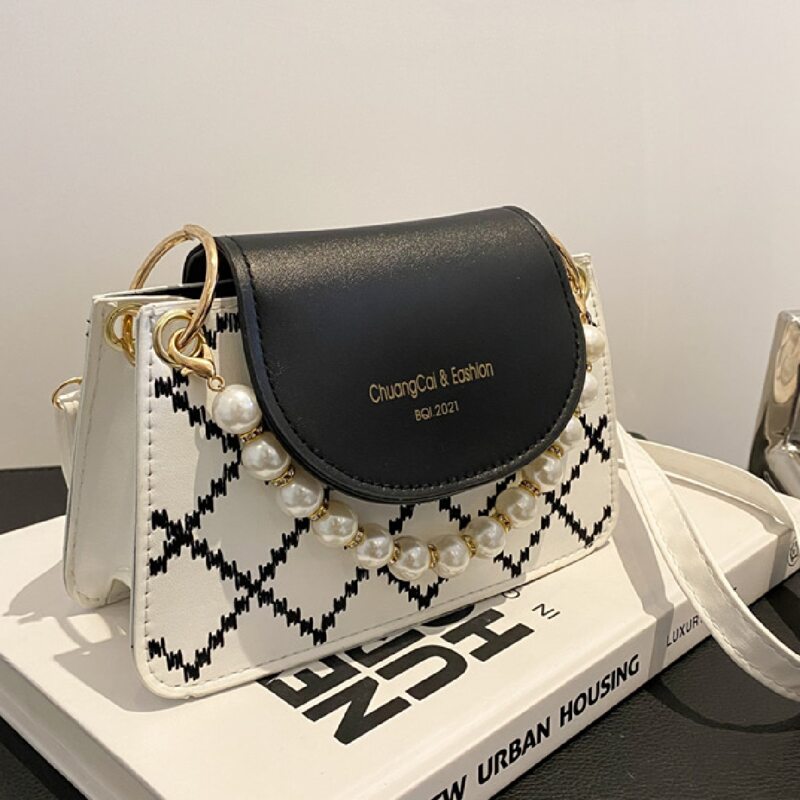

Faux Pearl Beaded Satchel Bag, Black and white