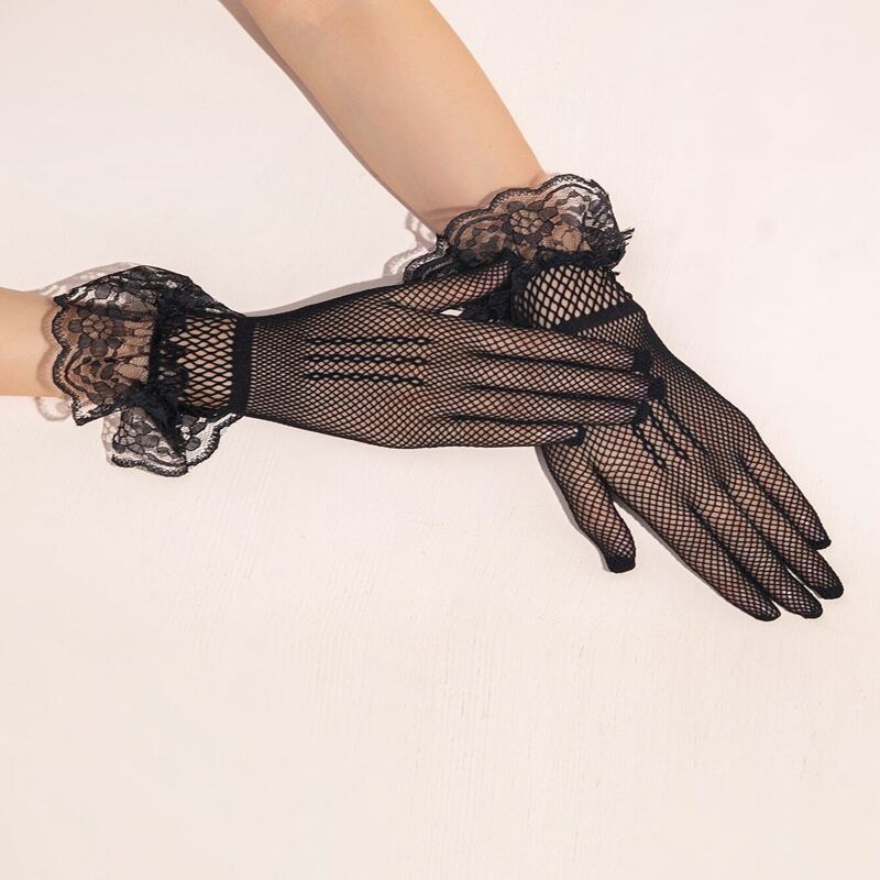 

Lace Ruffle Fishnet Gloves, Black