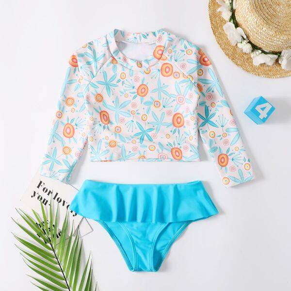 

Toddler Girls Plant Print Ruffle Trim Bikini Swimsuit, Multicolor
