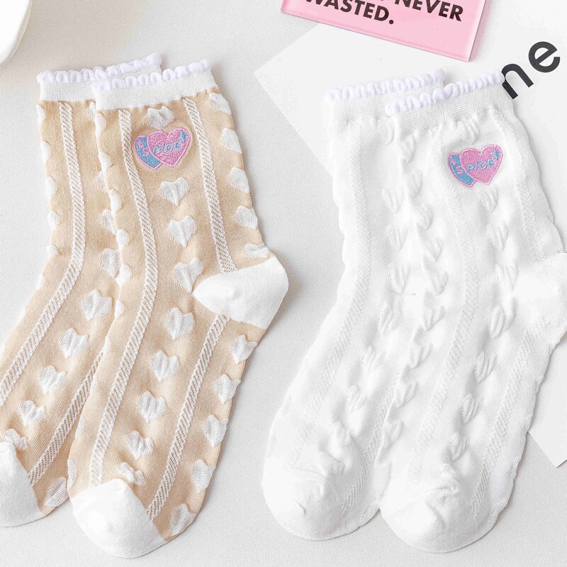 

2pairs Heart Embroidery Crew Socks, Multicolor