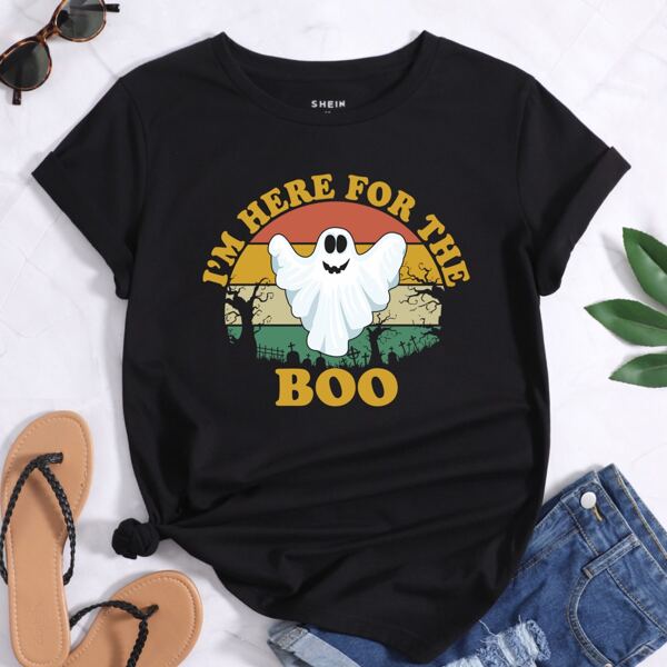 

Halloween & Slogan Graphic Short Sleeve Tee, Black