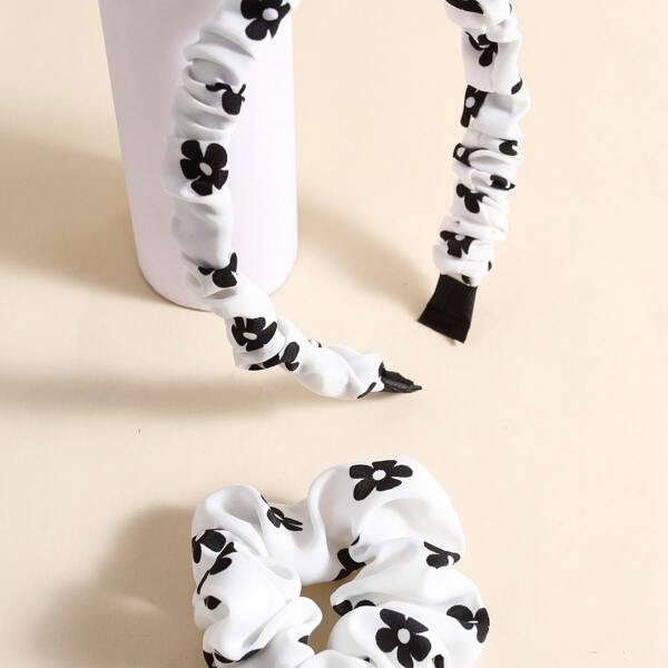

Flower Print Headband & Scrunchie, Black and white