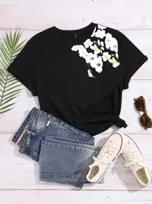 Camiseta con estampado floral de manga corta - Negro - Ver 1