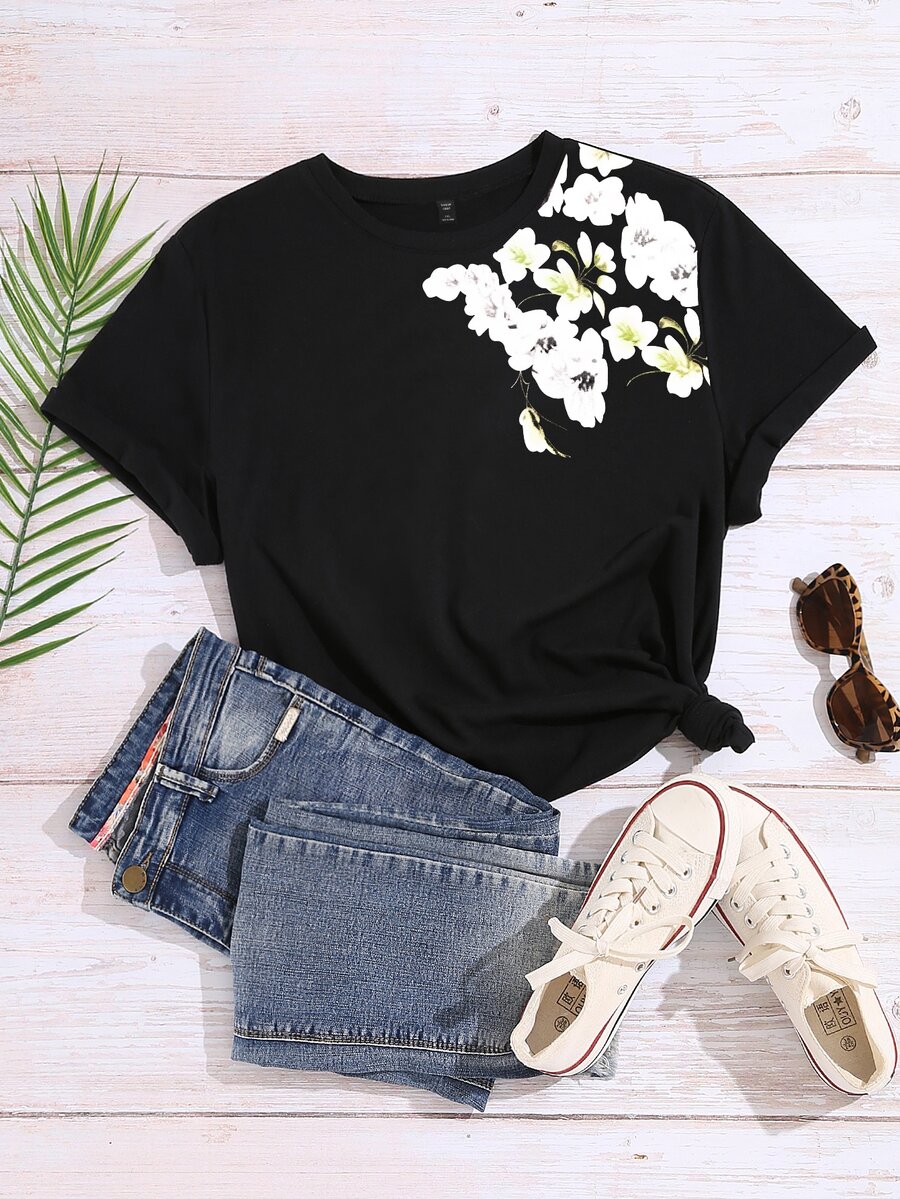 Camiseta con estampado floral de manga corta - Negro - Ver 1