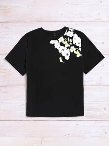 Camiseta con estampado floral de manga corta - Negro - Ver 3