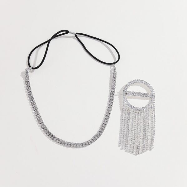 

Rhinestone Tassel Decor Hair Clip & Hair Band, Silver