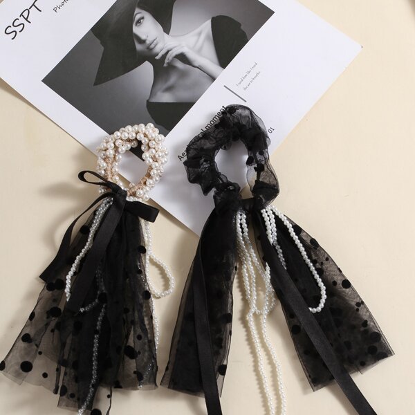 

2pcs Faux Pearl Decor Hair Tie, Black