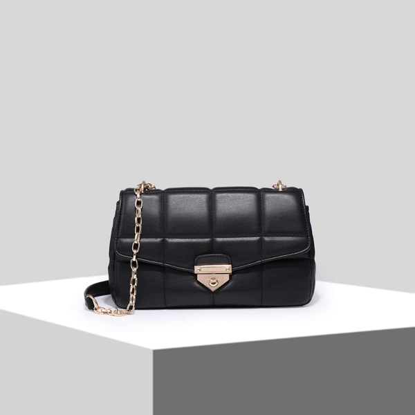 

Minimalist Quilted Metal Lock Chain Shoulder Bag, Black