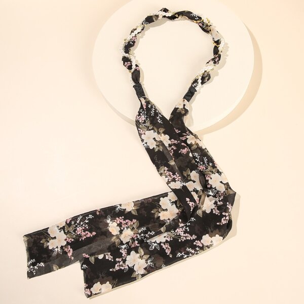 

Faux Pearl Decor Flower Print Hair Band, Black