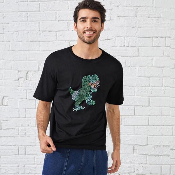 

Men Cartoon Dinosaur Print Tee, Black