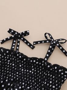 嬰兒波卡圓點撞色打褶肩上打結吊帶洋裝 - 黑與白 - 查看 4