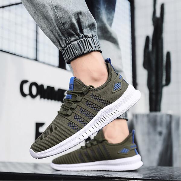 

Men Knit Detail Lace-up Front Sneakers, Army green