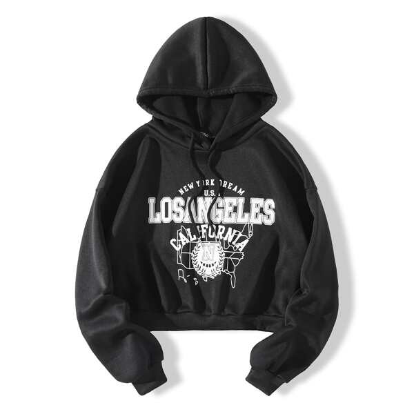 

Drop Shoulder Letter Graphic Hoodie, Black