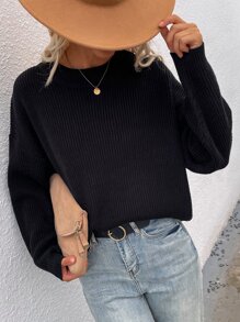 SHEIN LUNE Drop Shoulder Ribbed Knit Jumper - Black - View 1