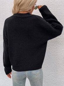 SHEIN LUNE Drop Shoulder Ribbed Knit Jumper - Black - View 2