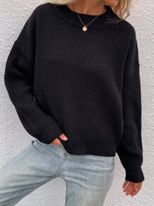 SHEIN LUNE Drop Shoulder Ribbed Knit Jumper - Black - View 3