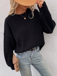 SHEIN LUNE Drop Shoulder Ribbed Knit Jumper - Black - View 4