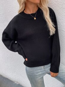 SHEIN LUNE Drop Shoulder Ribbed Knit Jumper - Black - View 5