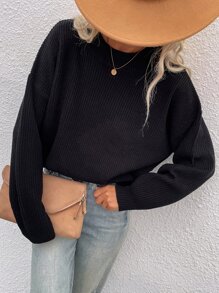 SHEIN LUNE Drop Shoulder Ribbed Knit Jumper - Black - View 7