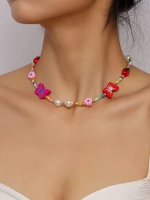 Trang trí hình bướm & ngọc trai giả Vòng cổ đính cườm màu ngẫu nhiên - Nhiều màu - Xem 1
