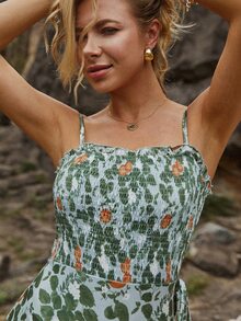 水果和植物印花打攬木耳邊側繫帶吊帶連體衣 - 彩色 - 查看 4