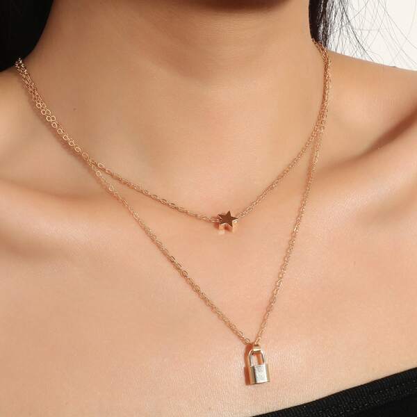 

Star & Lock Charm Layered Necklace, Gold