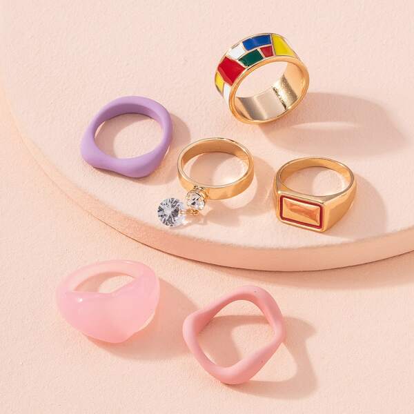 

6pcs Zircon Detail Ring, Multicolor