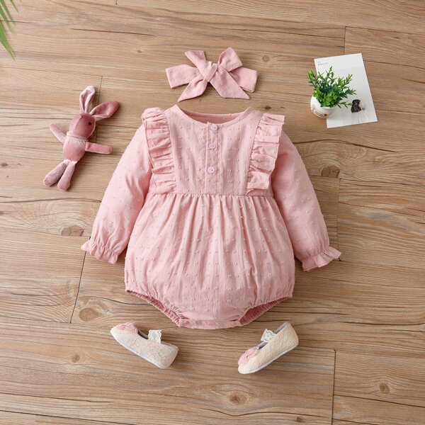 

Baby Swiss Dot Ruffle Trim Flounce Sleeve Bodysuit & Headband, Baby pink