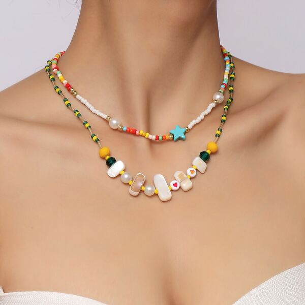 

2pcs Beaded Necklace, Multicolor