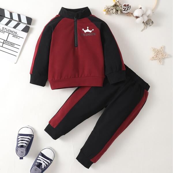 

Baby Crown And Slogan Graphic Raglan Sleeve Pullover & Sweatpants, Multicolor