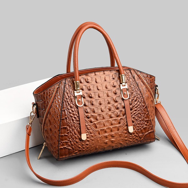 

Croc Embossed Zipper Decor Top Handle Bag, Brown