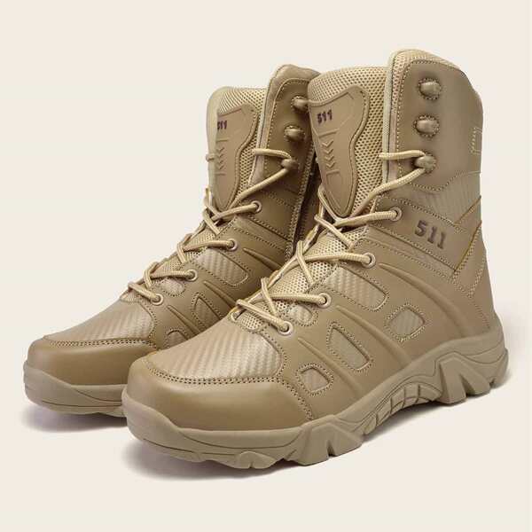 

Men Letter Graphic Side Zipper Hiking Boots, Khaki