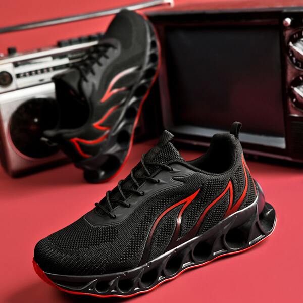 

Men Fire Graphic Knit Detail Lace-up Front Sneakers, Black