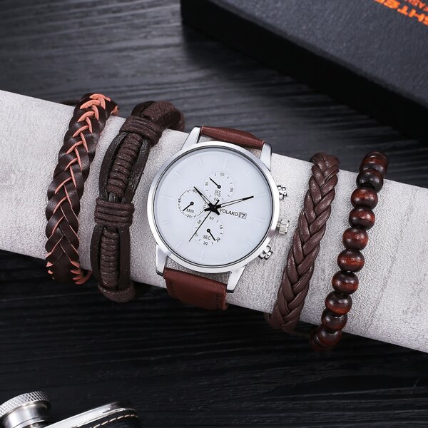 

1pc Men Round Pointer Date Quartz Watch & 4pcs Bracelet