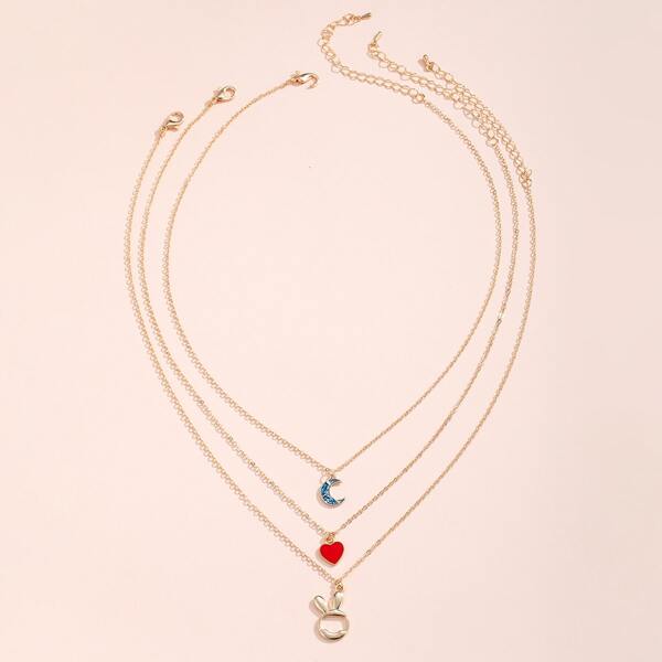 

3pcs Moon & Heart Charm Necklace, Multicolor