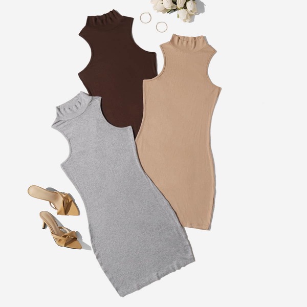 

3Pcs Mock Neck Bodycon Dress, Multicolor
