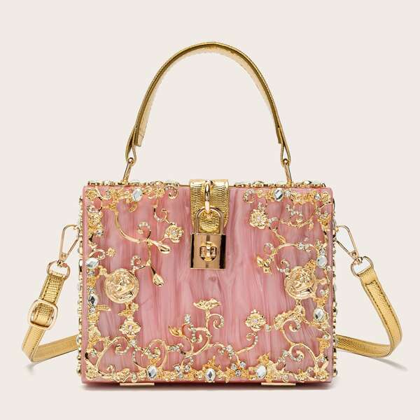 

Rhinestone & Metal Decor Box Bag, Pink