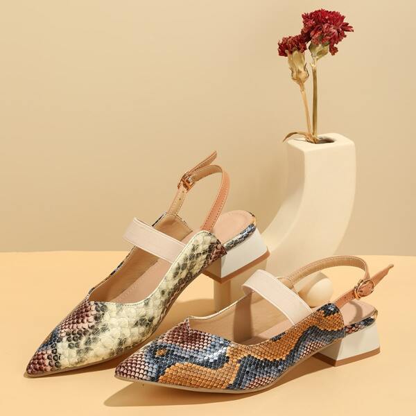 

Snakeskin Pattern Chunky Slingback Pumps, Multicolor