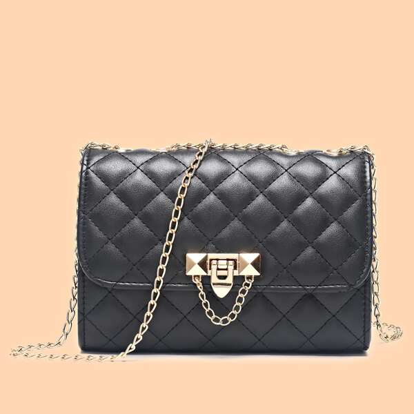 

Quilted Embossed Flap Chain Bag, Black