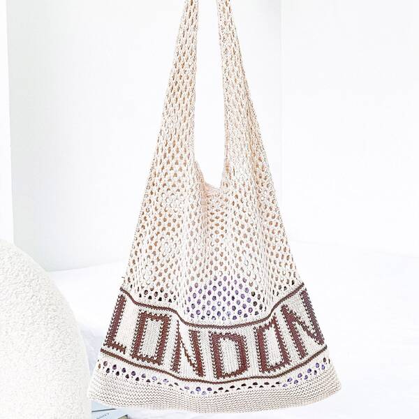 

Letter Graphic Hollow Out Shopper Bag, Beige