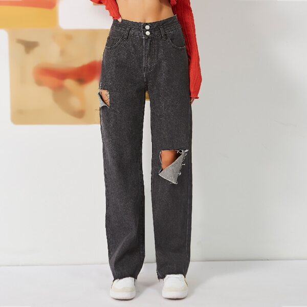 

High Waist Cut Out Frayed Straight Leg Jeans, Black