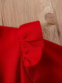 Toddler Girls Floral Print Bow Front Ruffle Trim Dress - Red and White - View 5