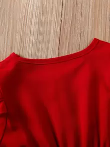 Toddler Girls Floral Print Bow Front Ruffle Trim Dress - Red and White - View 6