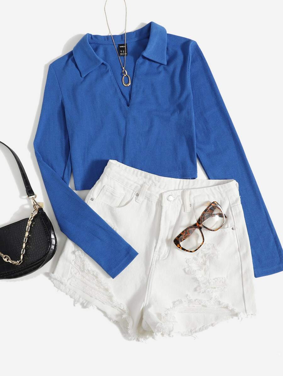 SHEIN EZwear Áo thun Gân đan màu trơn Giải trí