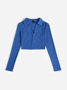 SHEIN EZwear Áo thun Gân đan màu trơn Giải trí - Màu xanh lam - Xem 4