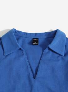 SHEIN EZwear Áo thun Gân đan màu trơn Giải trí - Màu xanh lam - Xem 5