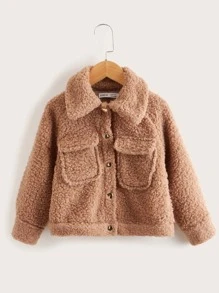 SHEIN Toddler Girls Flap Pocket Raglan Sleeve Teddy Jacket